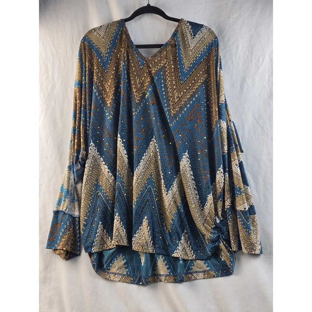 Women's Chevron Mosaic Print Dolman Sleeve Top with Chain Neckline